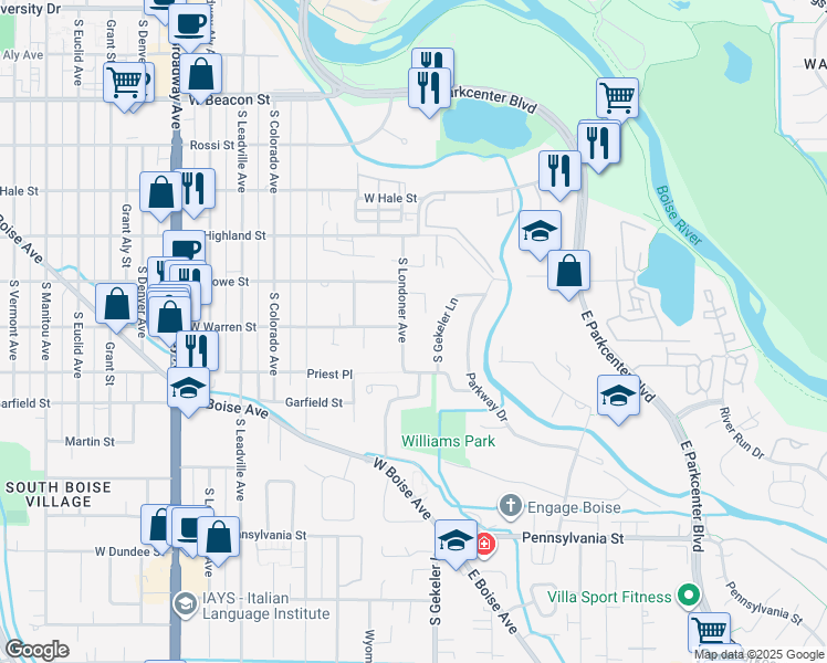 map of restaurants, bars, coffee shops, grocery stores, and more near 1733 South Gekeler Lane in Boise