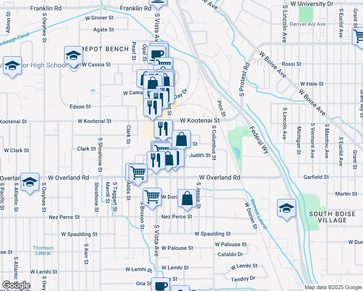 map of restaurants, bars, coffee shops, grocery stores, and more near 2320 Judith Street in Boise
