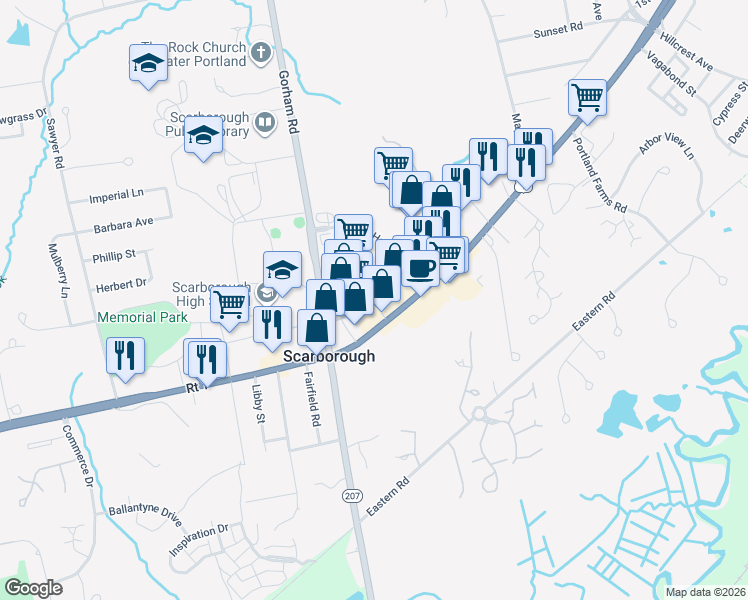 map of restaurants, bars, coffee shops, grocery stores, and more near 215 U.S. 1 in Scarborough
