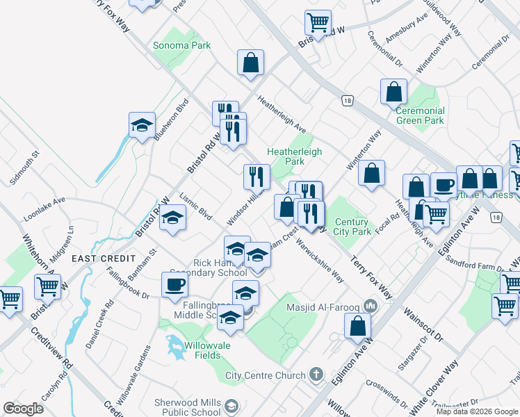 map of restaurants, bars, coffee shops, grocery stores, and more near 1055 Blizzard Road in Mississauga