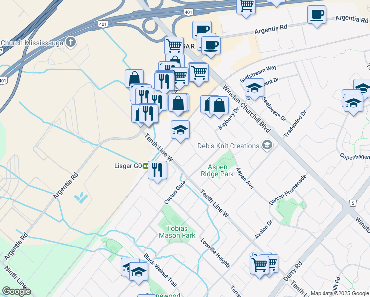 map of restaurants, bars, coffee shops, grocery stores, and more near in Mississauga