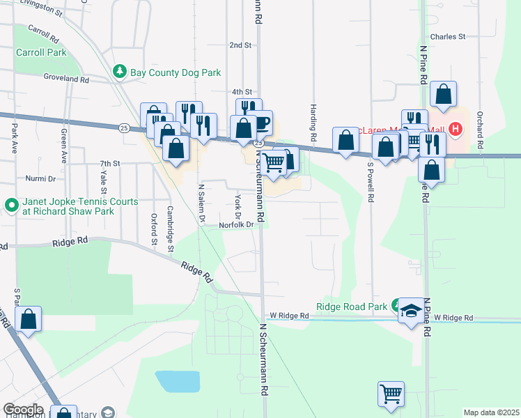 map of restaurants, bars, coffee shops, grocery stores, and more near 869 North Scheurmann Road in Essexville