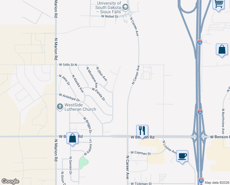 map of restaurants, bars, coffee shops, grocery stores, and more near 4120 North Pennsylvania Avenue in Sioux Falls