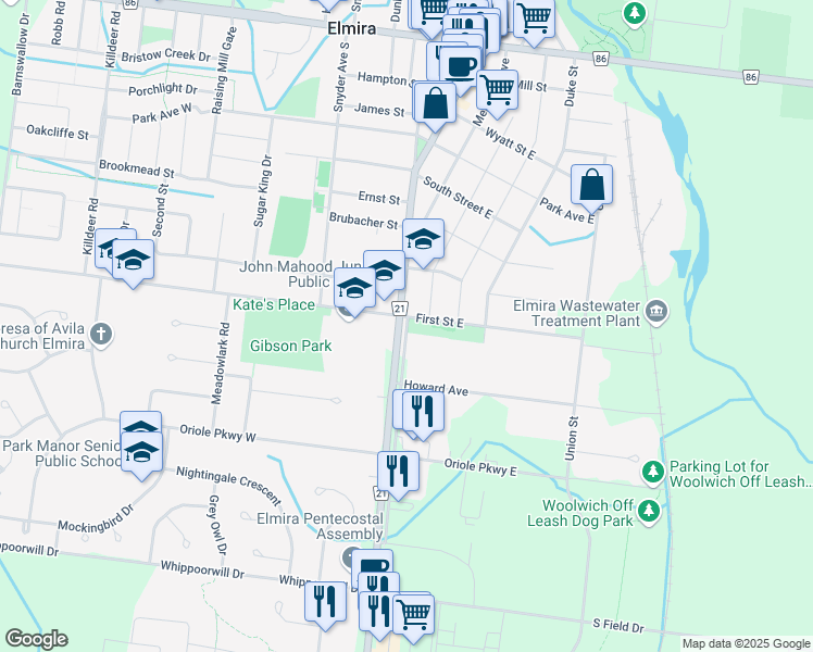 map of restaurants, bars, coffee shops, grocery stores, and more near 3 Industrial Dr in Elmira