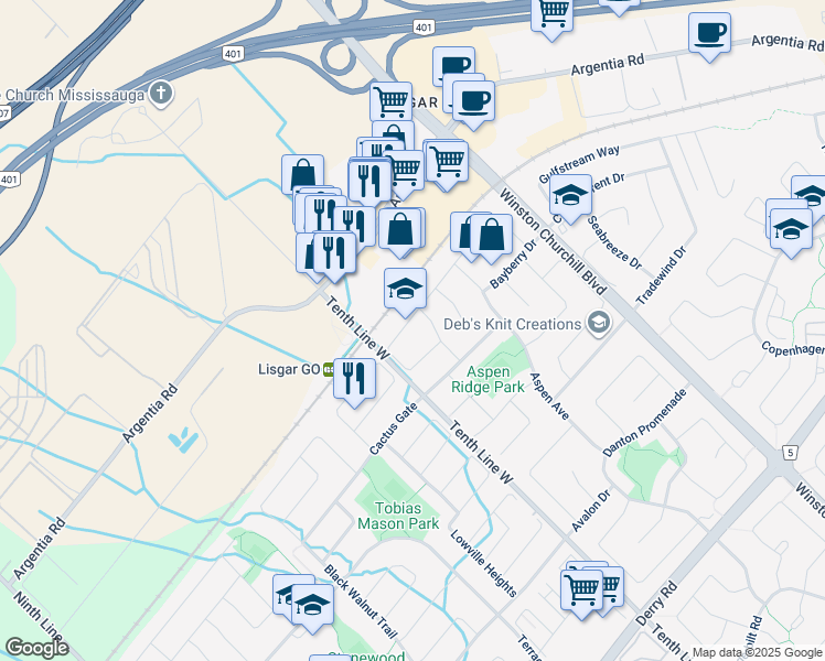 map of restaurants, bars, coffee shops, grocery stores, and more near 7562 Doverwood Drive in Mississauga
