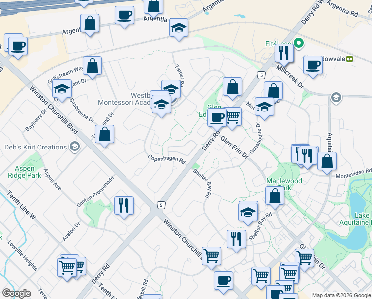 map of restaurants, bars, coffee shops, grocery stores, and more near in Mississauga