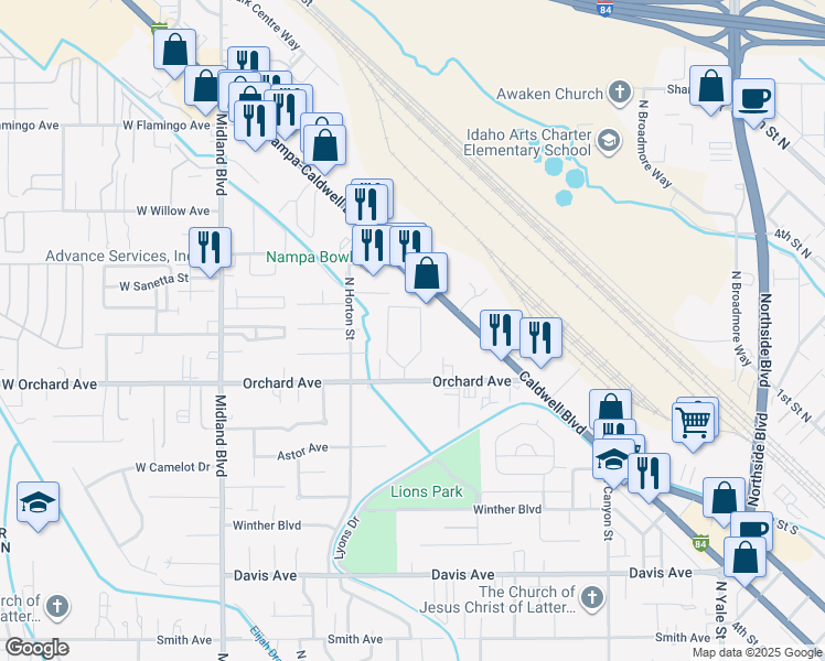 map of restaurants, bars, coffee shops, grocery stores, and more near 450 West Orchard Avenue in Nampa
