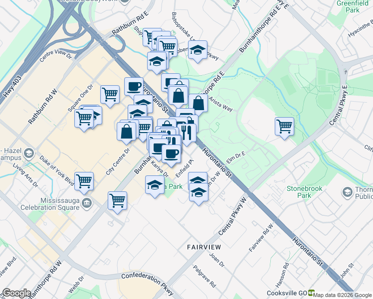 map of restaurants, bars, coffee shops, grocery stores, and more near 208 Enfield Place in Mississauga