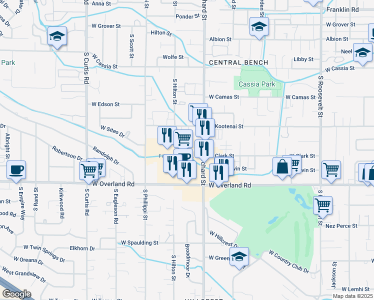 map of restaurants, bars, coffee shops, grocery stores, and more near 5100 West Overland Road in Boise