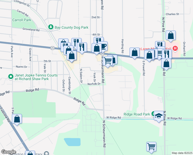 map of restaurants, bars, coffee shops, grocery stores, and more near 886 York Drive in Essexville
