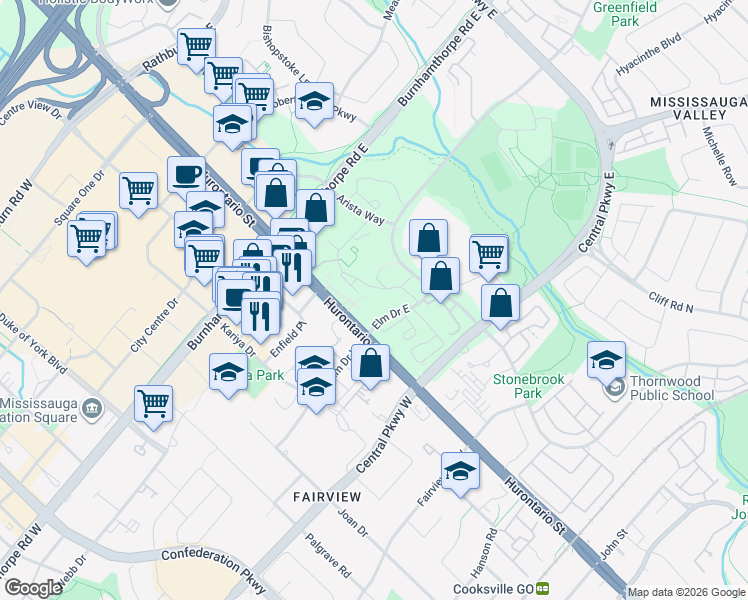 map of restaurants, bars, coffee shops, grocery stores, and more near 3560 Kaneff Crescent in Mississauga