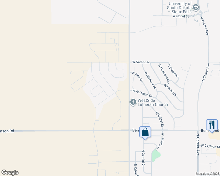 map of restaurants, bars, coffee shops, grocery stores, and more near 5800 West Yukon Trail in Sioux Falls