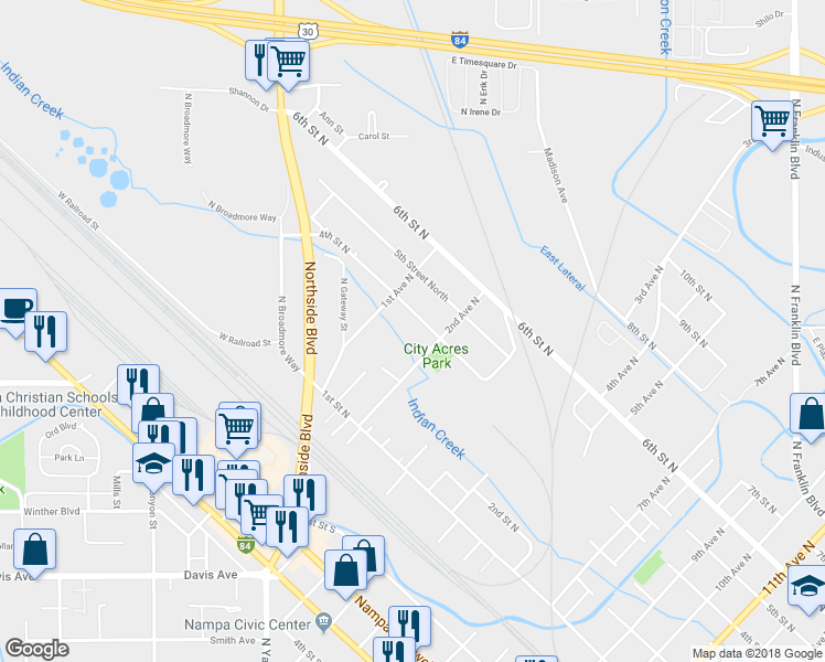 map of restaurants, bars, coffee shops, grocery stores, and more near 155 4th Street North in Nampa