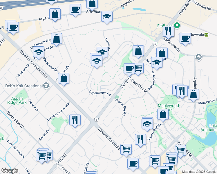 map of restaurants, bars, coffee shops, grocery stores, and more near 7430 Copenhagen Road in Mississauga