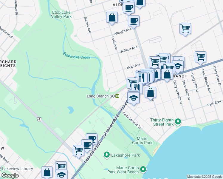 map of restaurants, bars, coffee shops, grocery stores, and more near 35 Enfield Avenue in Toronto