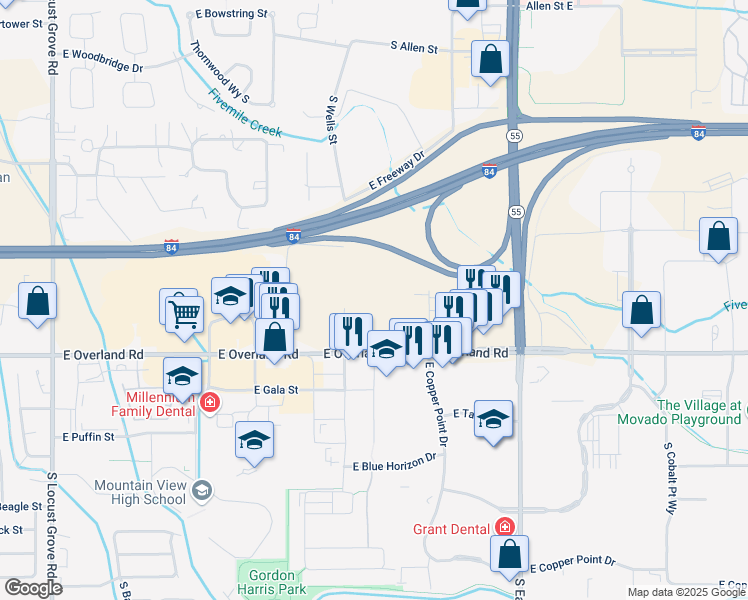 map of restaurants, bars, coffee shops, grocery stores, and more near 2700 East Overland Road in Meridian