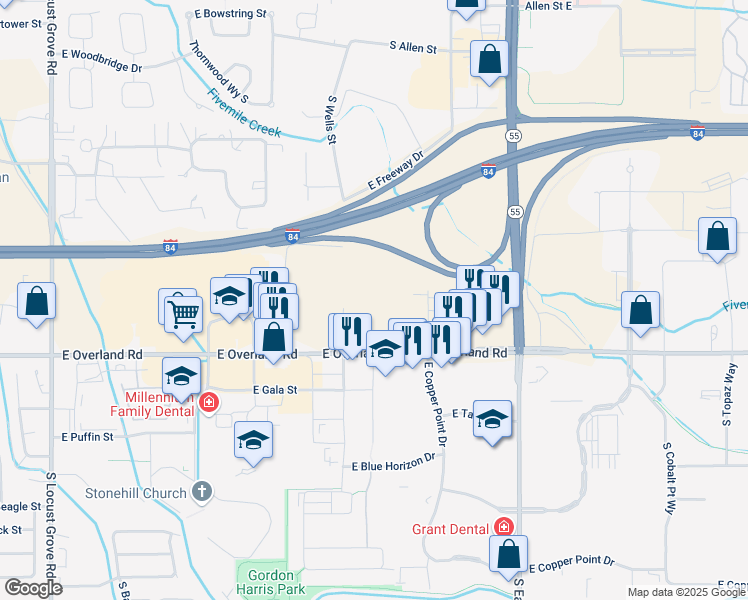 map of restaurants, bars, coffee shops, grocery stores, and more near 2700 East Overland Road in Meridian
