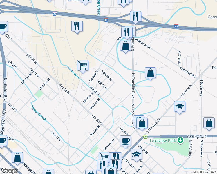 map of restaurants, bars, coffee shops, grocery stores, and more near 520 9th Street North in Nampa