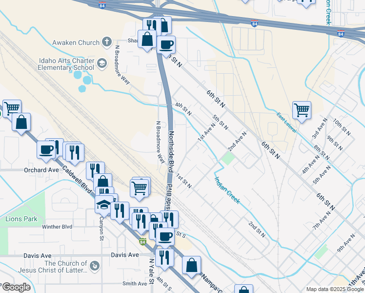 map of restaurants, bars, coffee shops, grocery stores, and more near 127 5th Street North in Nampa