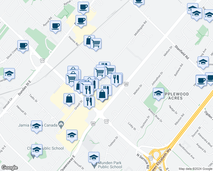map of restaurants, bars, coffee shops, grocery stores, and more near 757-919 Queensway E in Mississauga
