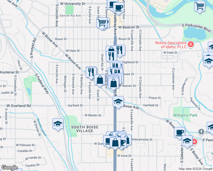 map of restaurants, bars, coffee shops, grocery stores, and more near 1080 West Boise Avenue in Boise