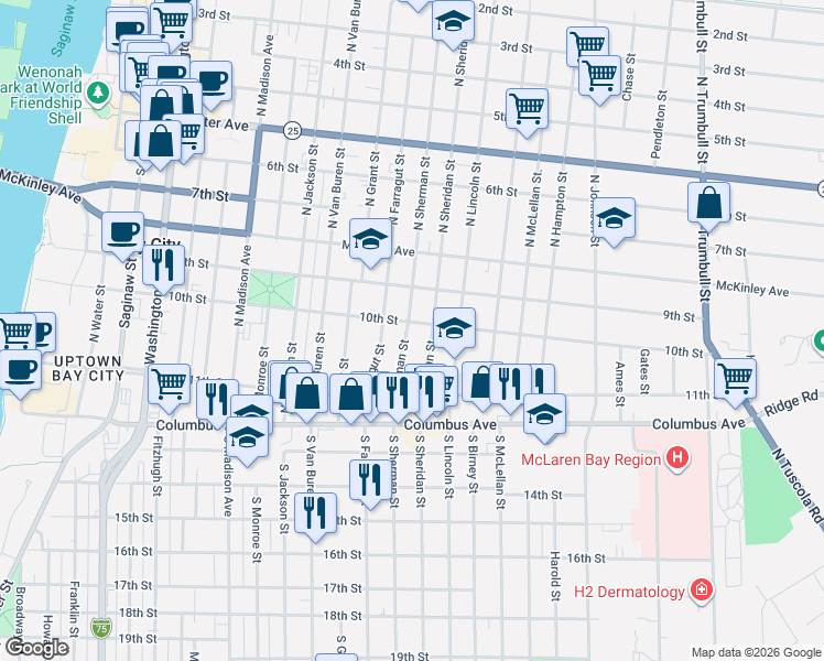 map of restaurants, bars, coffee shops, grocery stores, and more near 230 North Sherman Street in Bay City