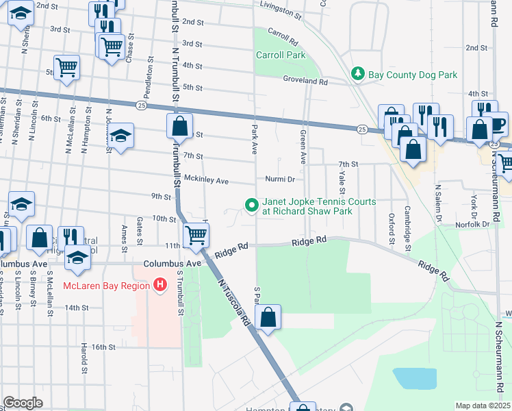 map of restaurants, bars, coffee shops, grocery stores, and more near 325 Park Avenue in Bay City