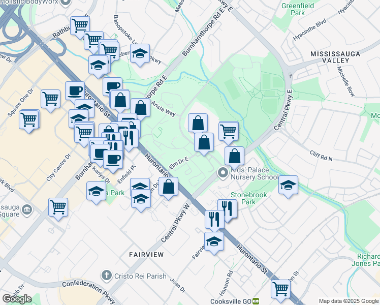 map of restaurants, bars, coffee shops, grocery stores, and more near Obelisk Way in Mississauga