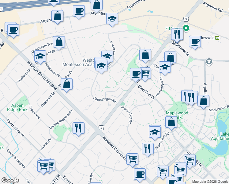 map of restaurants, bars, coffee shops, grocery stores, and more near in Mississauga
