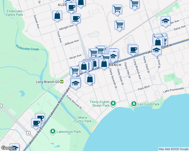 map of restaurants, bars, coffee shops, grocery stores, and more near 94 Thirty Ninth Street in Toronto