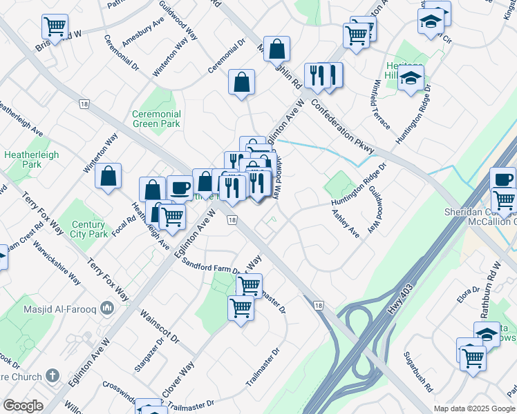 map of restaurants, bars, coffee shops, grocery stores, and more near in Mississauga