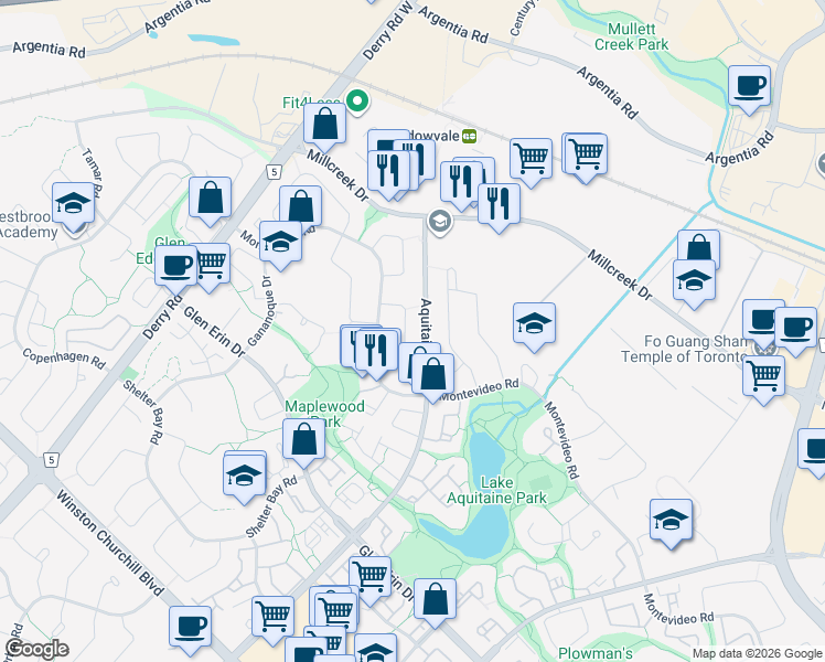 map of restaurants, bars, coffee shops, grocery stores, and more near 6773 Segovia Road in Mississauga