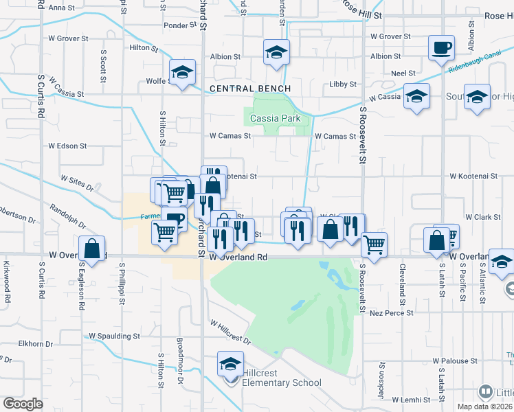 map of restaurants, bars, coffee shops, grocery stores, and more near 1312 Nash Street in Boise