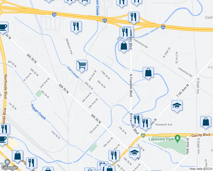 map of restaurants, bars, coffee shops, grocery stores, and more near 907 5th Avenue North in Nampa
