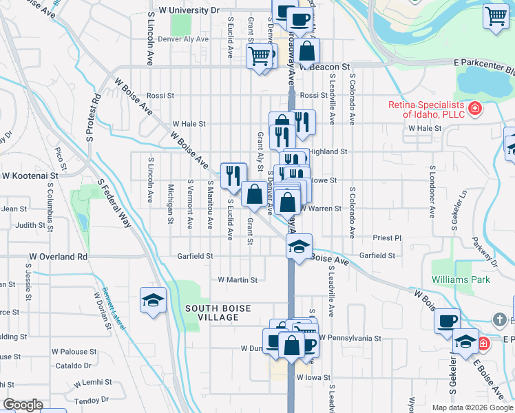map of restaurants, bars, coffee shops, grocery stores, and more near 1175 West Boise Avenue in Boise