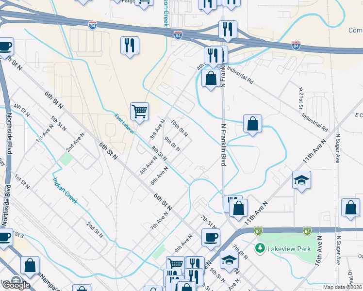 map of restaurants, bars, coffee shops, grocery stores, and more near 815 5th Avenue North in Nampa