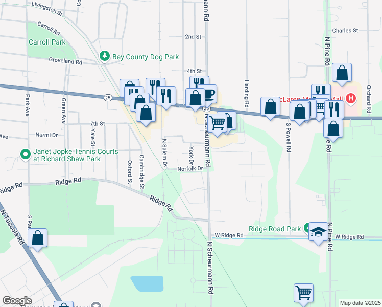 map of restaurants, bars, coffee shops, grocery stores, and more near 886 York Drive in Essexville