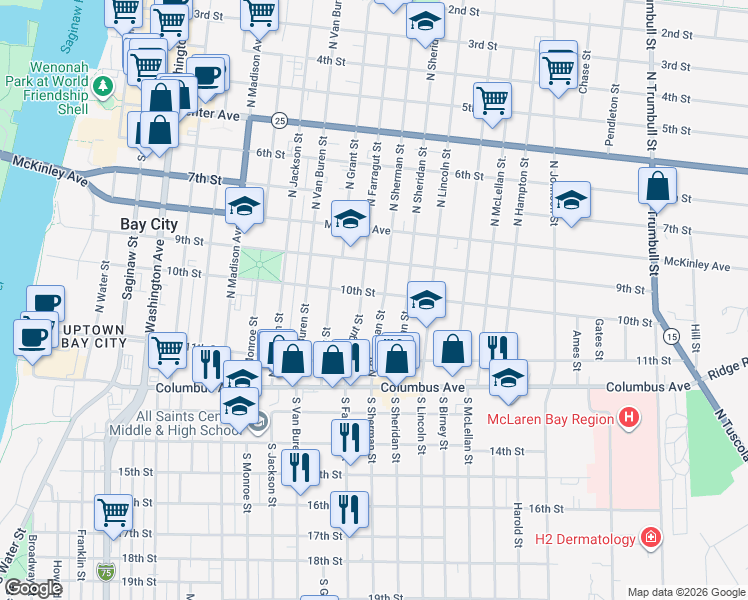 map of restaurants, bars, coffee shops, grocery stores, and more near 230 North Sherman Street in Bay City