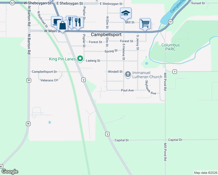 map of restaurants, bars, coffee shops, grocery stores, and more near 407 Paul Avenue in Campbellsport