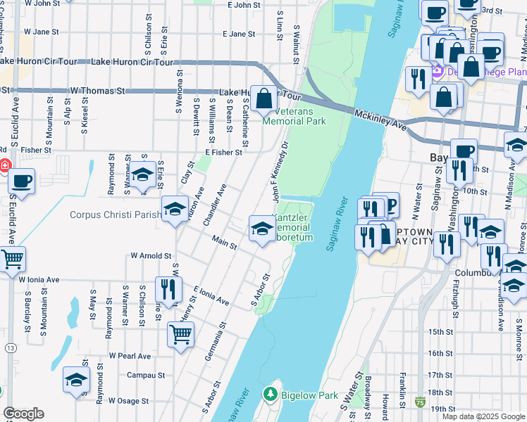 map of restaurants, bars, coffee shops, grocery stores, and more near 800 John F Kennedy Drive in Bay City
