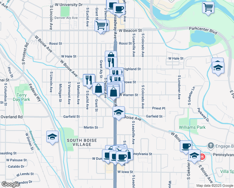 map of restaurants, bars, coffee shops, grocery stores, and more near in Boise