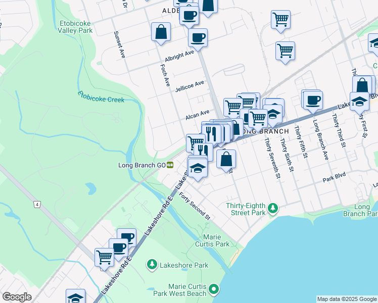 map of restaurants, bars, coffee shops, grocery stores, and more near 52 Exmoor Drive in Toronto