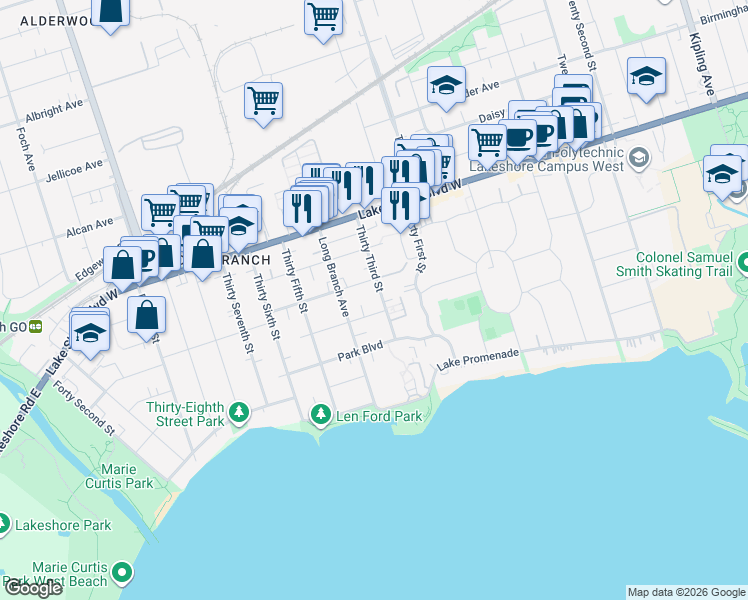 map of restaurants, bars, coffee shops, grocery stores, and more near 18 Thirty Third Street in Toronto