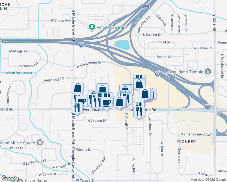 map of restaurants, bars, coffee shops, grocery stores, and more near 8506 W Overland Rd in Boise