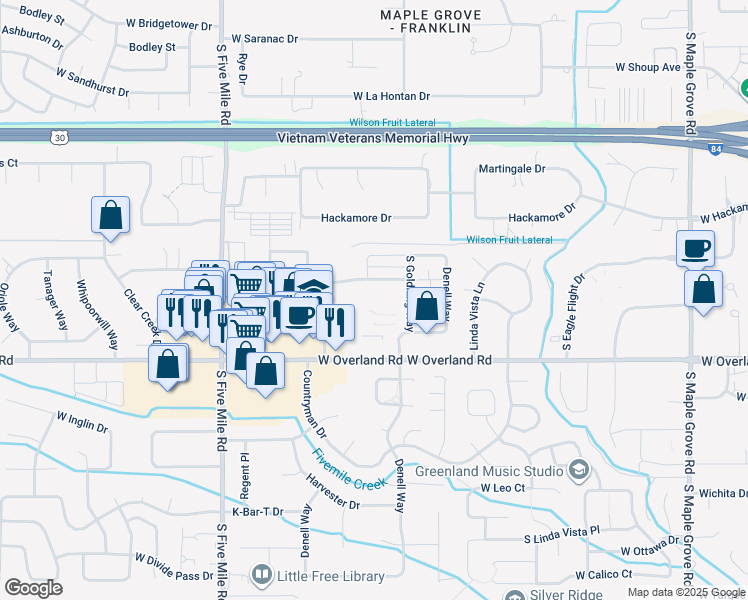 map of restaurants, bars, coffee shops, grocery stores, and more near 1461 South Goldking Way in Boise