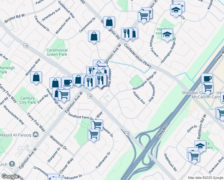 map of restaurants, bars, coffee shops, grocery stores, and more near 4551 Guildwood Way in Mississauga