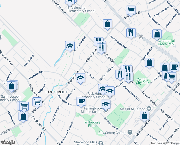 map of restaurants, bars, coffee shops, grocery stores, and more near 5349 Lismic Boulevard in Mississauga