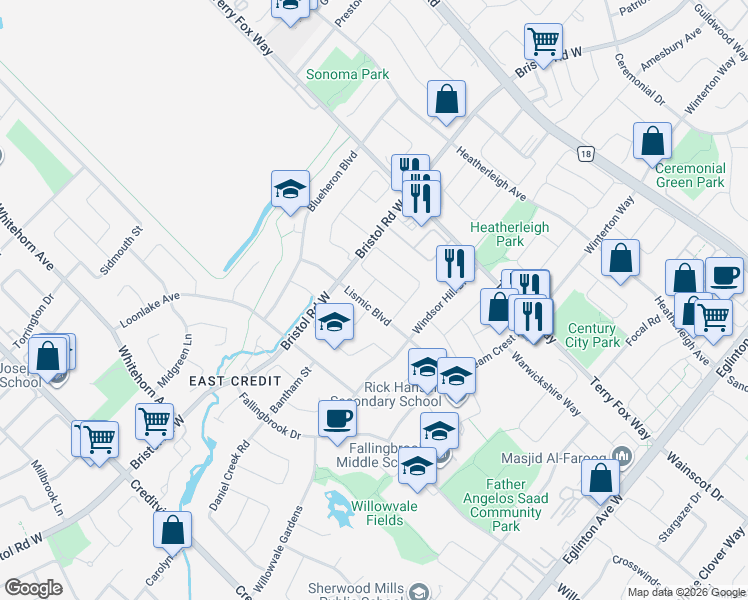 map of restaurants, bars, coffee shops, grocery stores, and more near 5349 Lismic Boulevard in Mississauga