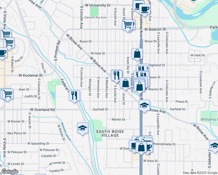 map of restaurants, bars, coffee shops, grocery stores, and more near 1713 South Manitou Avenue in Boise