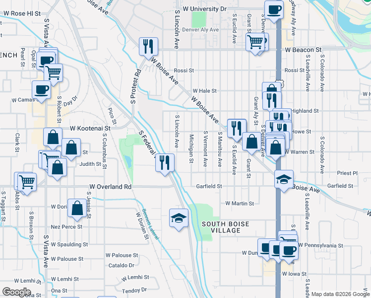 map of restaurants, bars, coffee shops, grocery stores, and more near 1744 South Lincoln Avenue in Boise